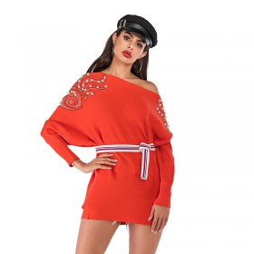 Women's autumn and winter sweaters loose solid color beaded sweater coat