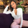 Women's V-neck long-sleeved zipper bodysuit slim jumpsuit