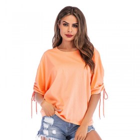 Summer new women's solid color round neck tie T-shirt seven-quarter sleeve loose top