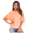 Summer new women's solid color round neck tie T-shirt seven-quarter sleeve loose top