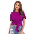 Summer new cross knotted round neck short sleeve T-shirt women's shirt loose irregular bottoming shirt