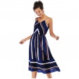 Spring and summer dress women's mid-length V-neck stripe color matching strap chiffon skirt