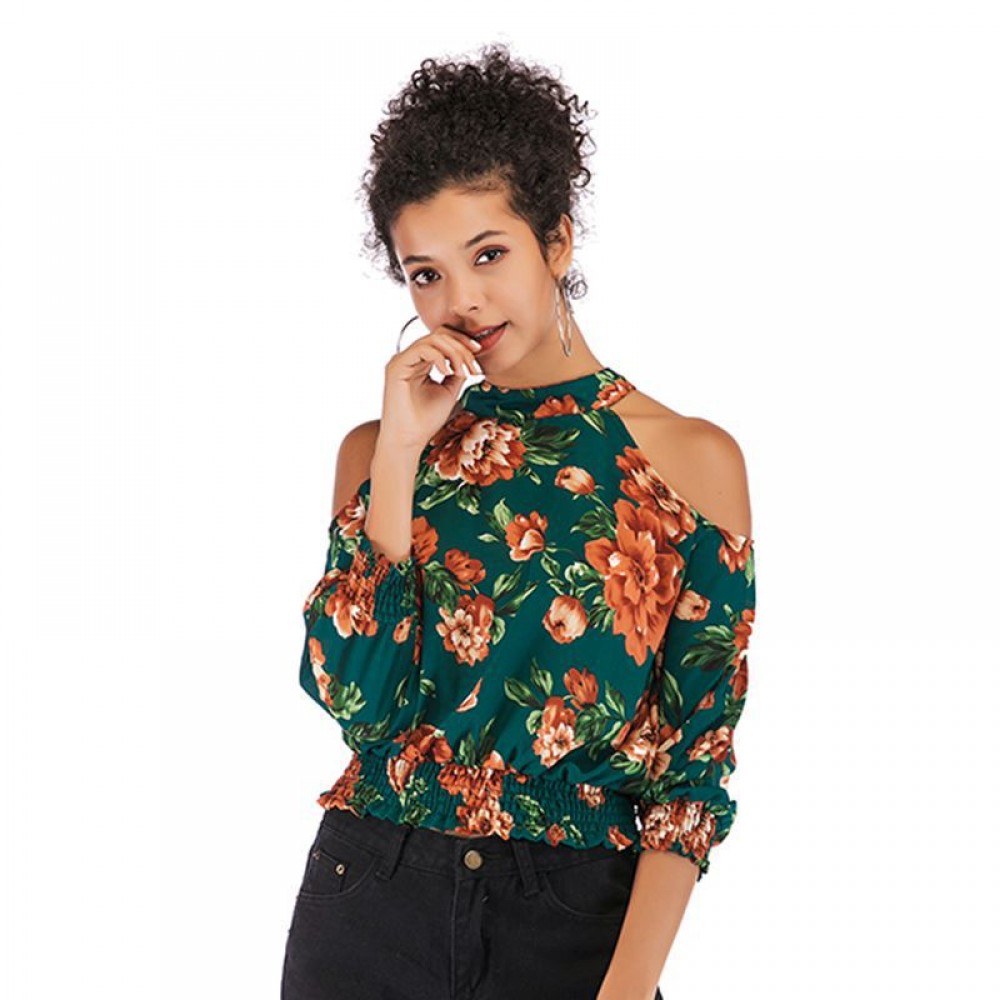 Spring and summer new printed tops street hipsters pullover sexy strapless slim chiffon shirt women