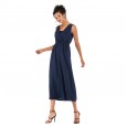 Summer new V-neck waist casual nine-point pants chiffon jumpsuit female wide legs