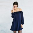 Spring hot sale word collar sexy big swing skirt in the sleeves loose solid color off-the-shoulder dress women