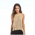 Thin section knitted T-shirt round neck sexy hollow vest hem split open backless sleeveless top women