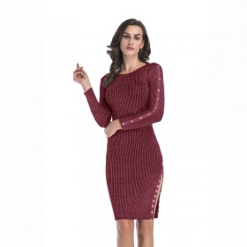 Spring dress new split button decorative knit dress tight-fitting mid-length bag hip skirt female
