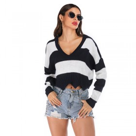 Autumn new sweater women wave side V-neck stripe loose sweater women