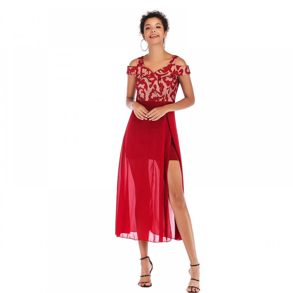 Women's sexy word collar party dress skirt lace mesh splicing dress