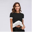Women's round neck sweater thin lace stitching short section exposed navel short sleeve t-shirt women