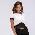 Women's round neck sweater thin lace stitching short section exposed navel short sleeve t-shirt women
