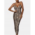Leopard Snake Print Straps Sleeveless Casual Bodycon Dress - Brown L 