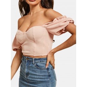 Chic Puff Sleeve Solid Color Party Scoop Neck Casual Blouse -  Pink M 