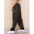 Women Solid Elastic Waist Button Casual Pants - S Army Green 