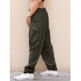 Women Solid Elastic Waist Button Casual Pants - S Army Green 