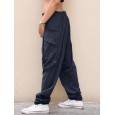 Women Solid Elastic Waist Button Casual Pants - S Army Green 