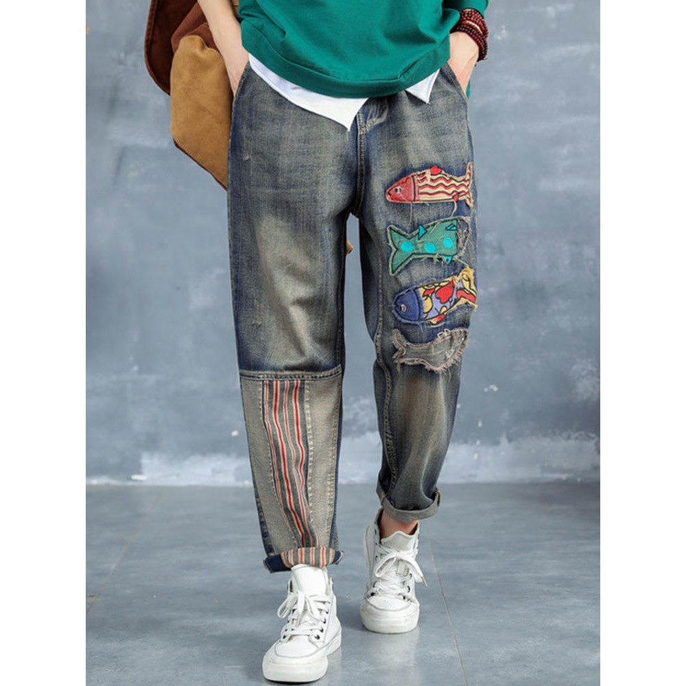 Cartoon Fish Patch Stripe Jeans For Women - Dark Blue M 