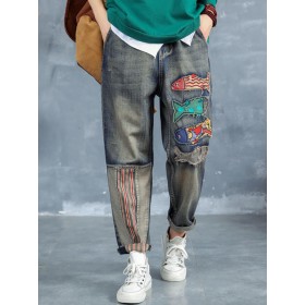 Cartoon Fish Patch Stripe Jeans For Women - Dark Blue M 