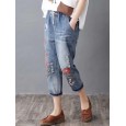 Vintage Embroidery Printed High Waist Casual Jeans For Women - Light Blue XL 