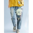 Women Patchwork Cartoon Loose Elastic Waist Denim Jeans - Blue 8 