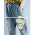 Women Patchwork Cartoon Loose Elastic Waist Denim Jeans - Blue 8 