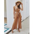 Straps Causal Tie Waist Solid Color Loose Jumpsuit For Women -  Yellow XL 