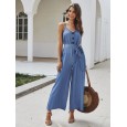 Straps Causal Tie Waist Solid Color Loose Jumpsuit For Women -  Yellow XL 