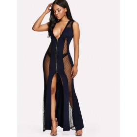 New women's large V-neck mesh splicing sexy perspective dress