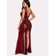 New women's large V-neck mesh splicing sexy perspective dress