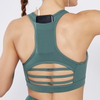 New back pocket sports bra shockproof horizontal stripe mesh splicing sports underwear yoga suit