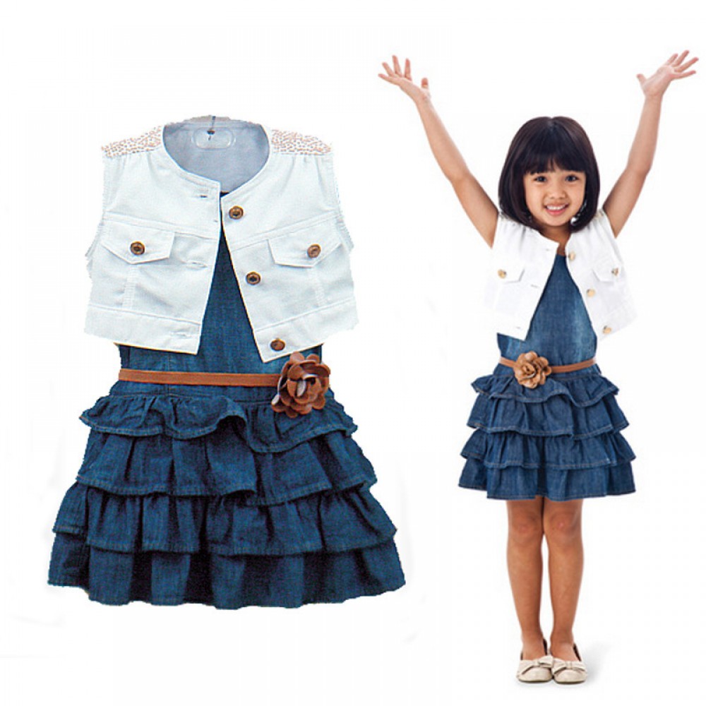 Children's Skirt Sleeveless Girls Denim Vest Skirt One Piece Wavy Skirt Suit