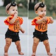 Infant and children's clothing girls round neck flying sleeves alphabet print top black denim shorts two-piece set