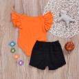 Infant and children's clothing girls round neck flying sleeves alphabet print top black denim shorts two-piece set