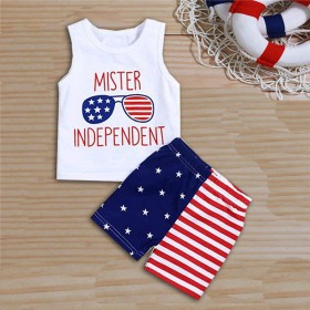 Boys Summer New Letter Print Sleeveless Top Striped Shorts Two-Piece Independence Day Suit