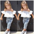 Girls' suit summer style flying sleeve white short-sleeved shirt ripped denim trousers two-piece suit