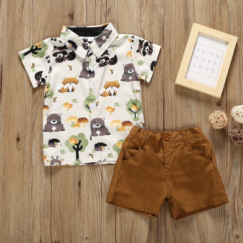 Children's clothing summer boy cartoon printed shirt solid color shorts two-piece set
