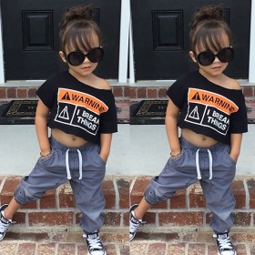 Casual children's clothing summer new girl short-sleeved letter black shirt solid color trousers two-piece suit