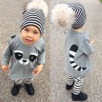 Children's clothing new men and women baby cute panda printed long-sleeved shirt gray striped trousers two-piece