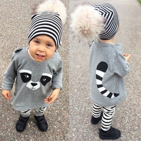 Children's clothing new men and women baby cute panda printed long-sleeved shirt gray striped trousers two-piece