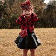 Autumn girl round neck long-sleeved lace plaid shirt A word black leather skirt short skirt suit hair accessories three-piece suit