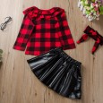 Autumn girl round neck long-sleeved lace plaid shirt A word black leather skirt short skirt suit hair accessories three-piece suit