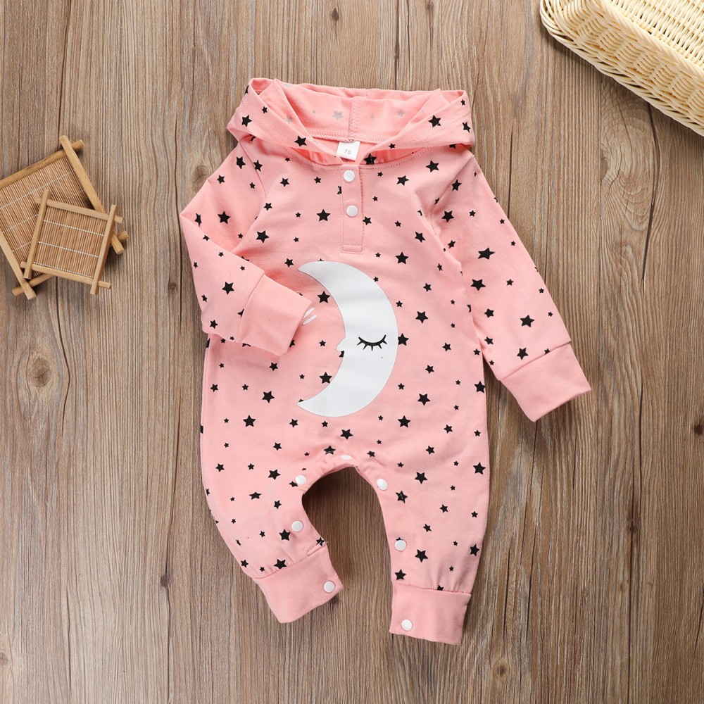 Children's clothing new baby boy men and women baby cute star moon print long sleeve hooded romper jumpsuit