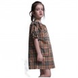 Girls' round neck plaid skirt shoulder drawstring children's A-line skirt in summer, big children's parent-child dress skirt