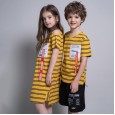 Girls striped straight off-the-shoulder skirts boys and girls round neck short sleeve summer children siblings