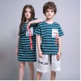 Girls striped straight off-the-shoulder skirts boys and girls round neck short sleeve summer children siblings