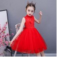 Girls' dresses summer new children's princess dress embroidered mesh tutu skirt show host dress
