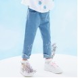 Spring new children's pants children's clothing children's trousers pentagram embroidered girls straight stretch jeans