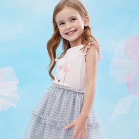 Summer new children's short-sleeved suit printed T-shirt lattice mesh cake skirt girl suit