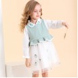 Spring new children's dress princess skirt doll collar fake two-piece girl peach knitted mesh skirt