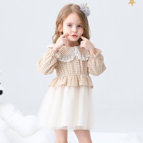 Spring new children's dress children's clothing princess skirt girl plaid doll big lapel mesh skirt